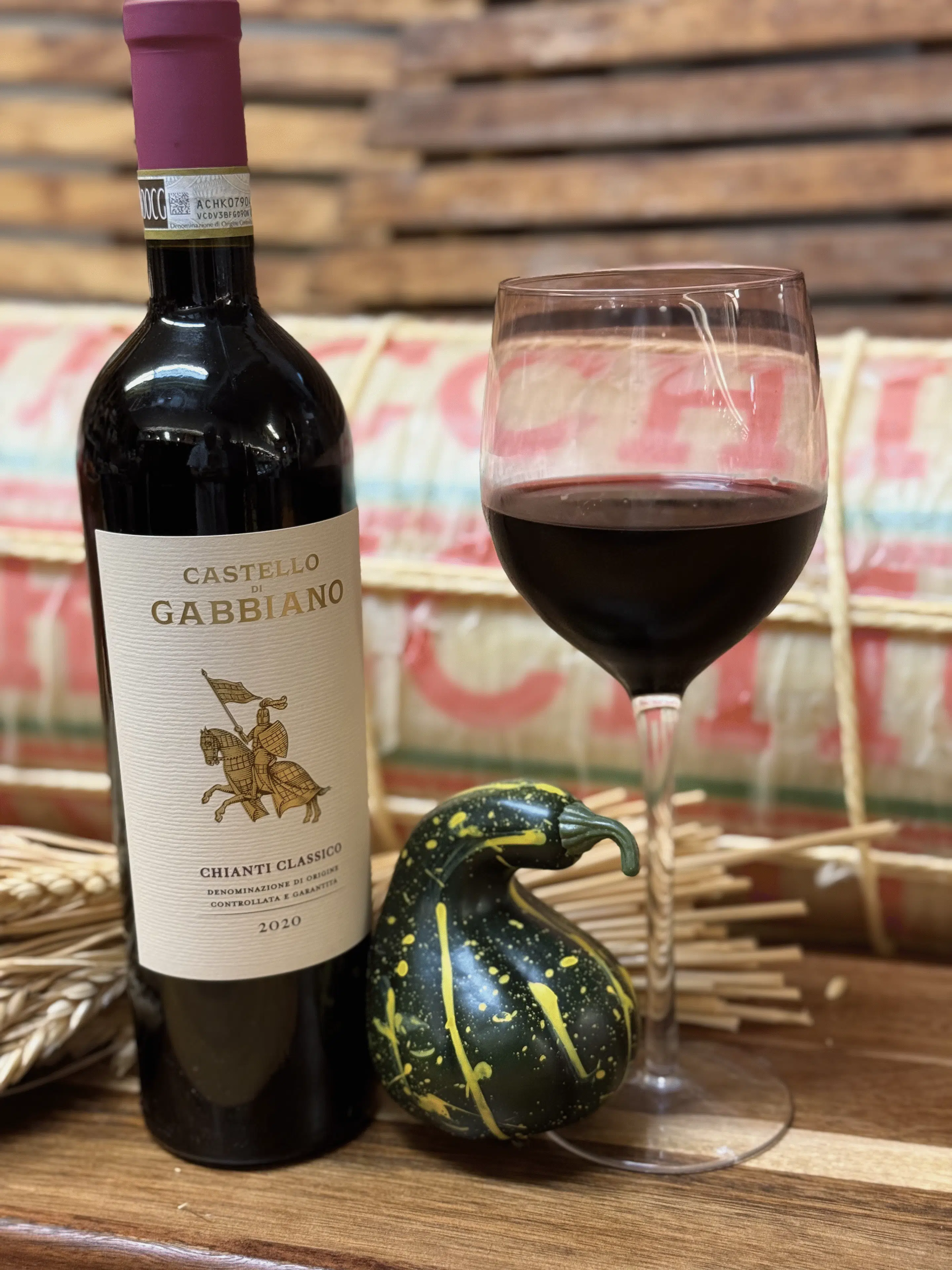 A glass of Gabbiano Chianti Classico red wine