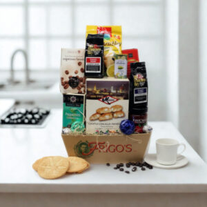 Coffee & Tea Gift Basket with premium Italian coffee, assorted teas, biscotti, and sweet treats arranged in a hand‑woven basket