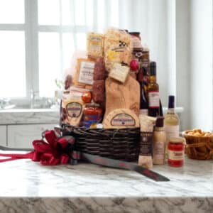 Godmother Gift Basket with fine Italian meats and cheeses, savory relishes, briny olives and homemade sauce and wine