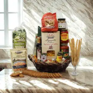 Italy Gourmet Gift Basket with imported Italian pasta, sauces, olive oil, and sweet treats beautifully arranged in a woven basket