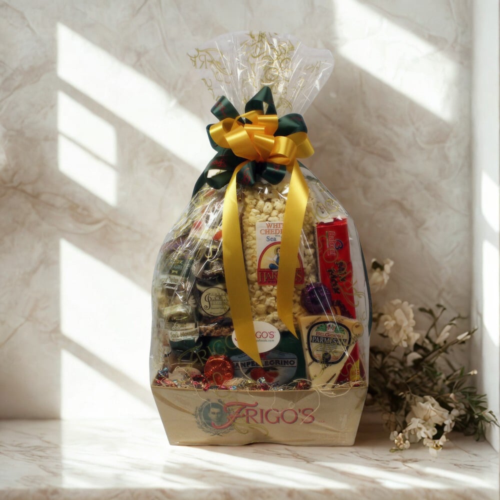 Office Party Gift Basket Office Party Gift Basket with gourmet Italian snacks, olives, biscotti, and celebratory treats in a rustic woven hamper, perfect for gifting at work.