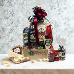 Office Party Gift Basket with gourmet Italian snacks, olives, biscotti, and celebratory treats in a rustic woven hamper, perfect for gifting at work.