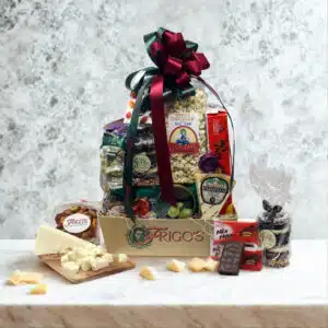 Office Party Gift Basket with gourmet Italian snacks, olives, biscotti, and celebratory treats in a rustic woven hamper, perfect for gifting at work.