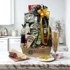 Old World Italian Gift Basket featuring imported pasta, sauces, panettone, and Italian cookies beautifully arranged in a classic woven basket.