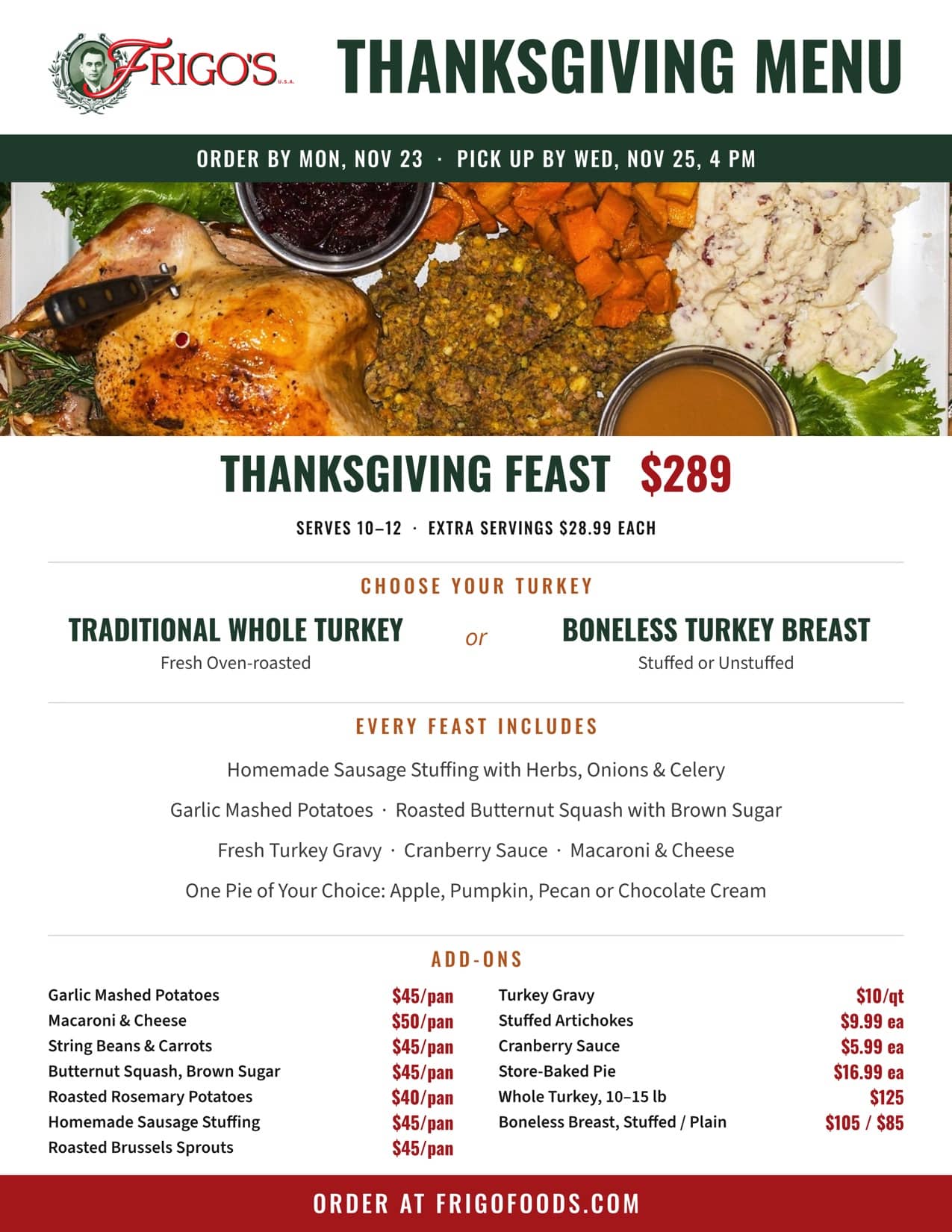 Frigo's Thanksgiving Menu 2026: Thanksgiving Feast $289, serves 10–12, with add-ons
