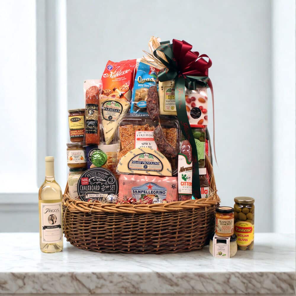 Frigo's gourmet Italian gift basket with wine, cheeses, pasta and olive oil