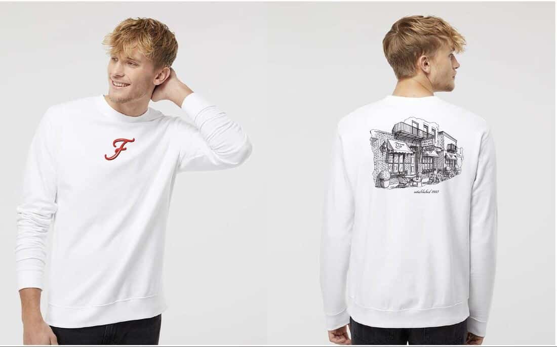 Frigo's white crewneck sweatshirt, front with the red F and back with a sketch of the deli
